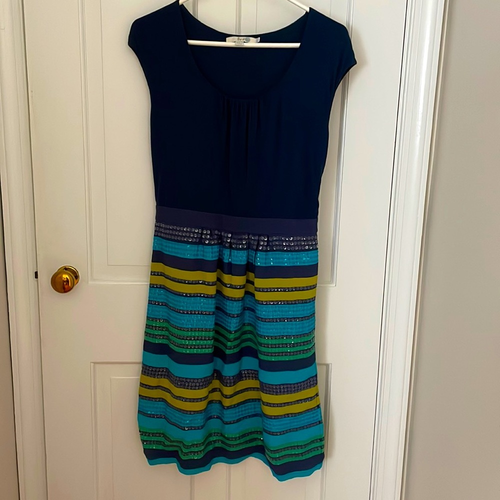 Boden navy scoop neck dress with sequin skirt detail size 6